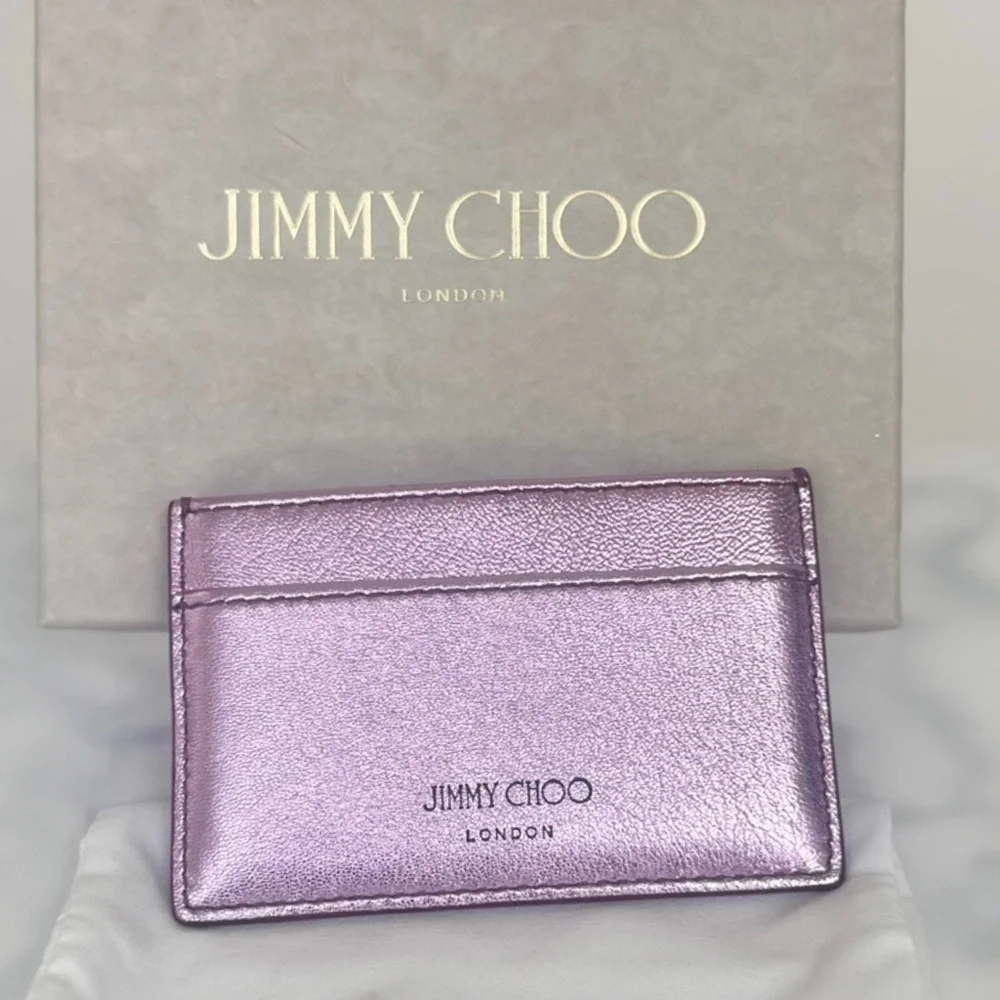 JIMMY CHOO Leather Metallic Lavender Lilac Card Holder logo Wallet NEW